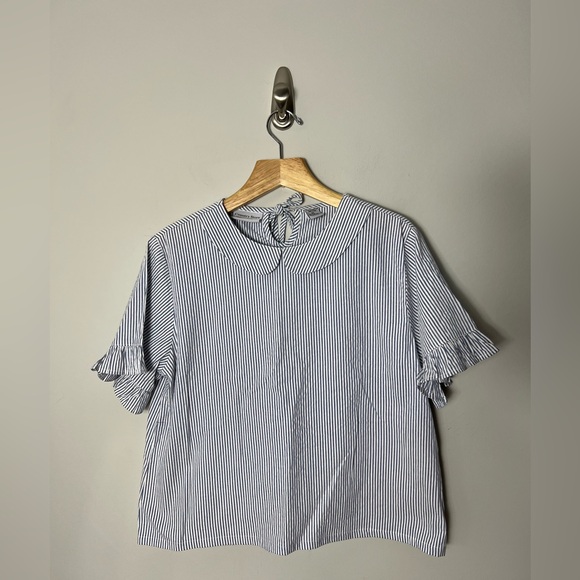 Country Store Seersucker Striped Peter Pan Rounded Collar Top Short Sleeve 22 - Picture 1 of 11